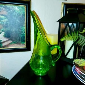 Vintage 1960's Glass 10" Crackle Pitcher Swung Vase